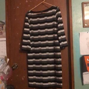 EUC Sharagano MIDI Dress Black, White & Gray 3/4 Sleeves Has Stretch